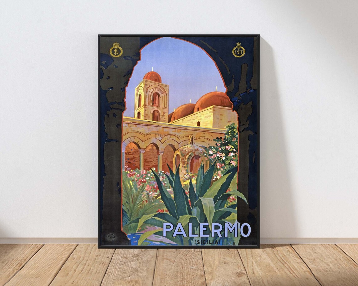 Palermo Sicilia Vintage Travel Poster with Cloister and Domes