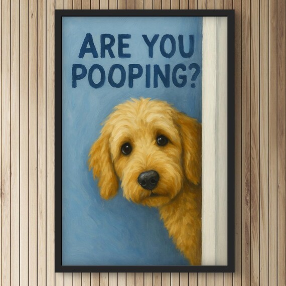 Funny Bathroom Wall Art Dog Humor Print Golden Doodle Artwork Pooping Pet Decor