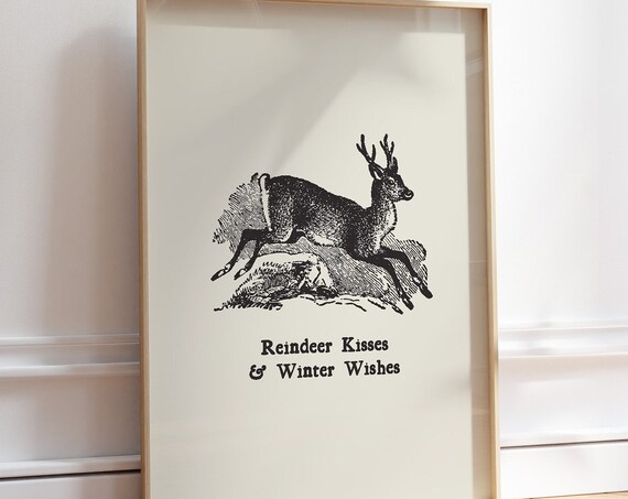 Reindeer Kisses And Winter Wishes Vintage Engraved Deer Holiday Poster