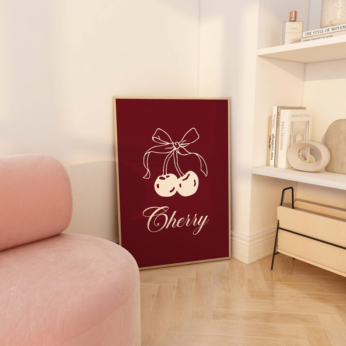 Cherry Burgundy Cream Fruit Bow Retro Kitchen Wall Art Print - Image 3