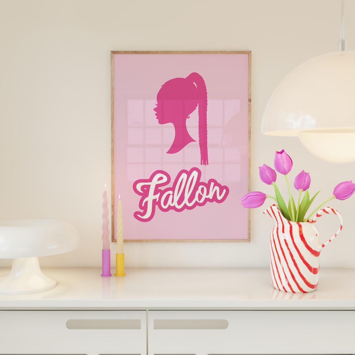 Personalised Ponytail Girl Name Pink Silhouette Wall Art Print - Image 2