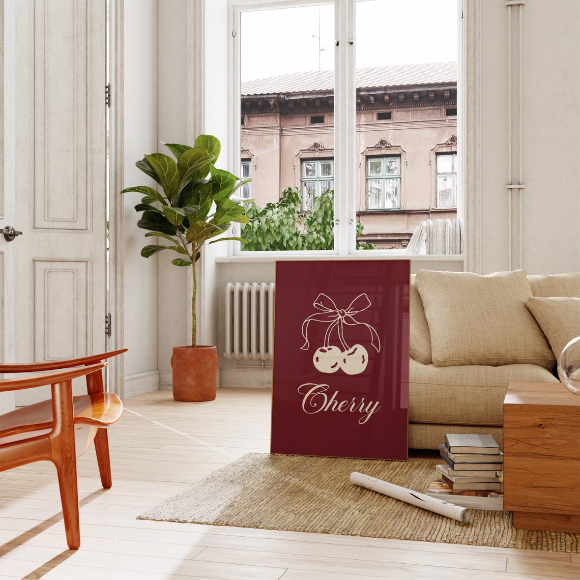 Cherry Burgundy Cream Fruit Bow Retro Kitchen Wall Art Print - Image 5