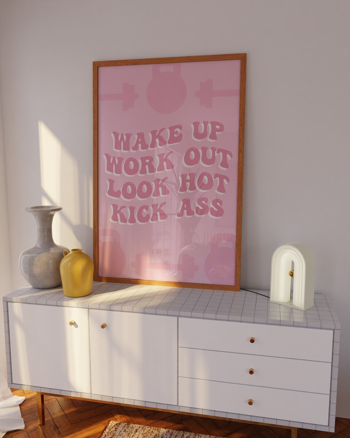 Wake Up Work Out Look Hot Kick Ass Pink Retro Gym Motivation Quote Poster - Image 3