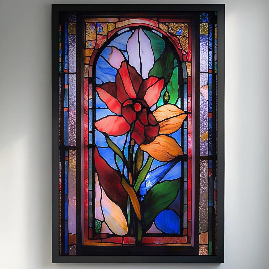Red Flower, Colorful Stained Glass Style Art Print