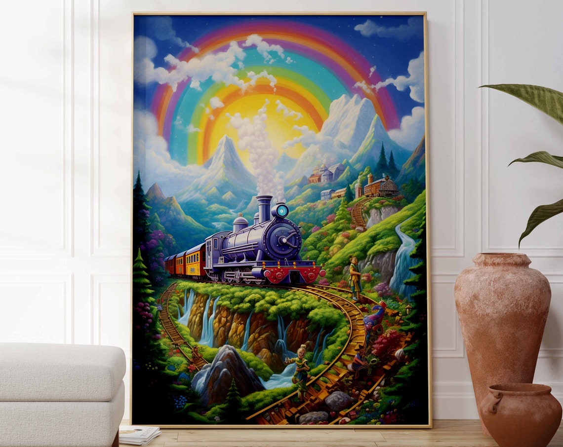 Fantasy Steam Train Rainbow Mountain Railway Kids Room Poster