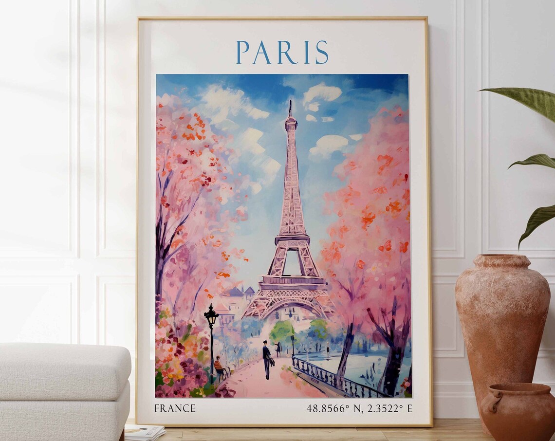 Paris Eiffel Tower Pink Blossom Trees in Spring France Travel Poster