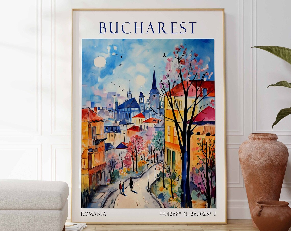 Bucharest Romania Travel Poster Old Street Sunny Watercolor Scene