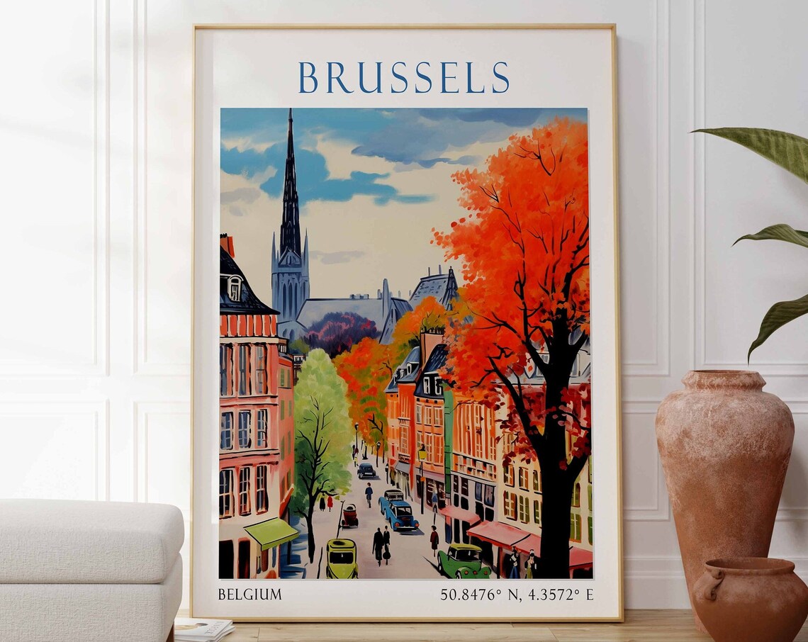 Brussels Belgium Travel Poster Autumn Street Vintage Scene Art