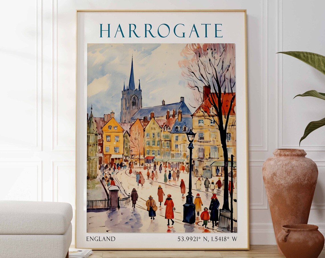 Harrogate England Travel Poster Watercolor Town Square Scene