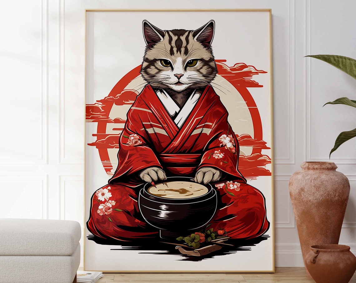 Vintage Japanese Tabby Cat in Kimono Art Poster Ukiyo E Inspired