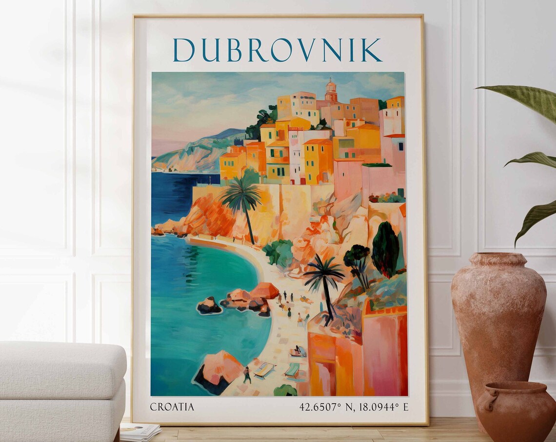 Dubrovnik Old Town Turquoise Beach Palms Croatia Travel Poster