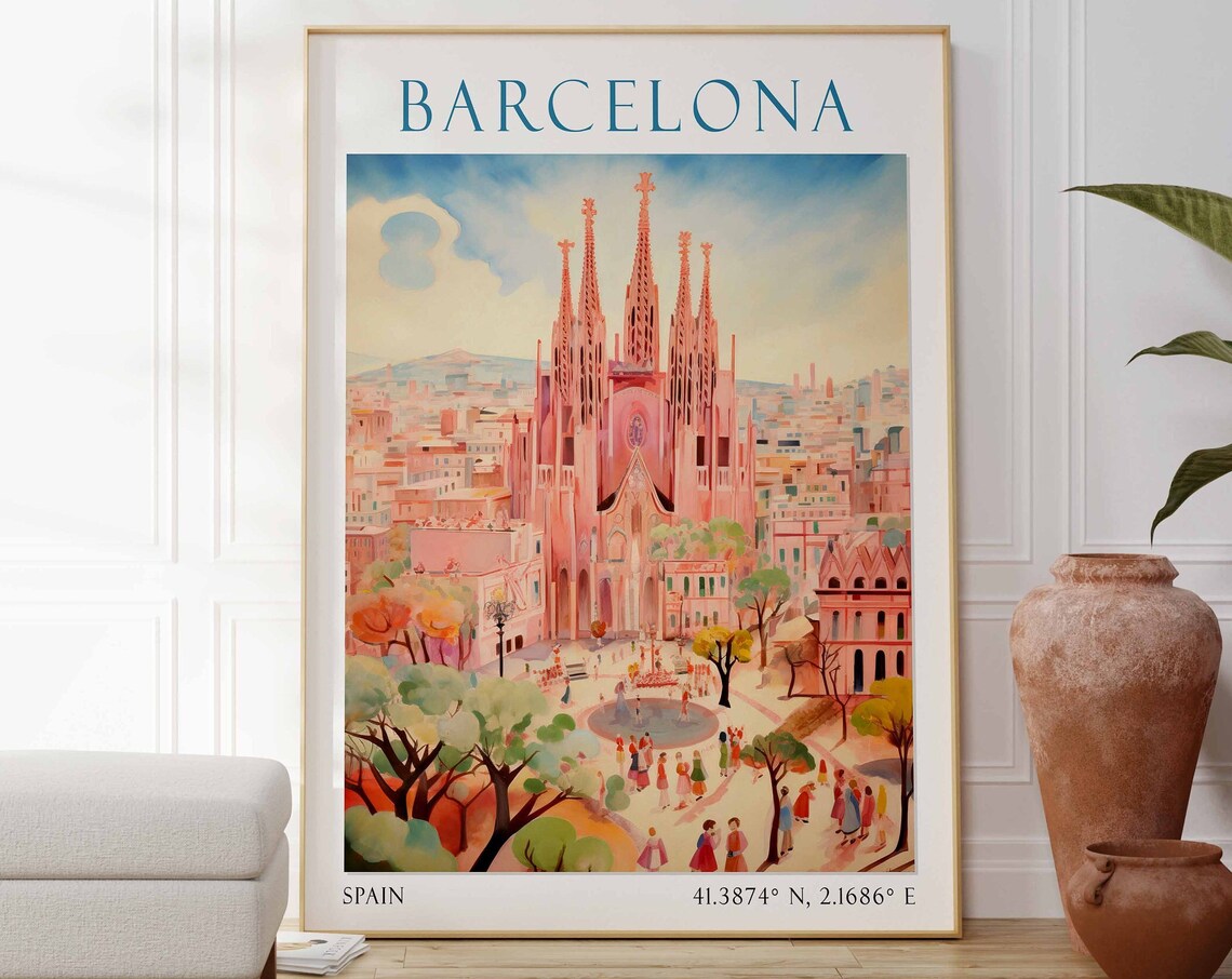 Barcelona Spain Travel Poster Sagrada Familia Pink City View