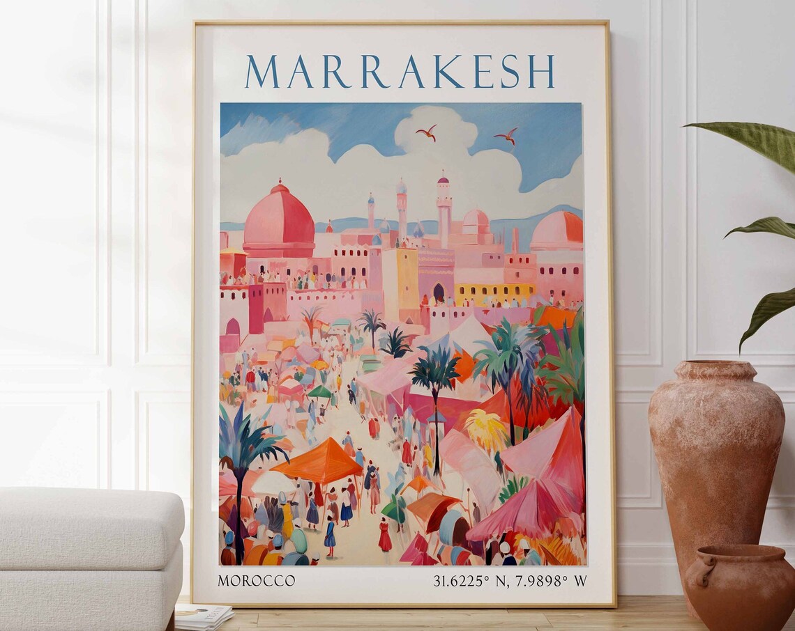 Marrakesh Pink Medina Mosque Domes Bustling Morocco Travel Poster