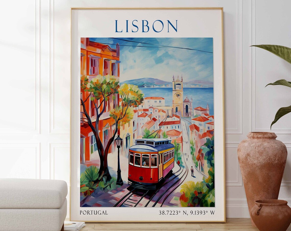 Lisbon Portugal Travel Poster Red Tram Street River View Art