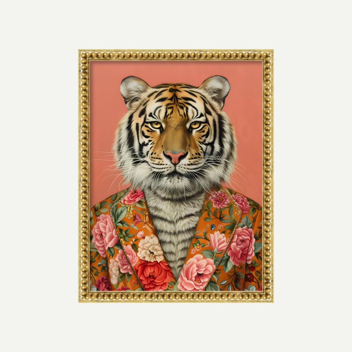Eclectic Tiger In Floral Suit Print Funky Poster Maximalist Animal Art
