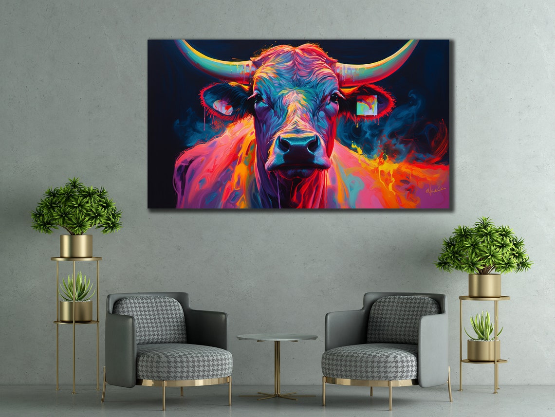 Colorful Cow Printing Cow Wall Decor Abstract Animal Wall Art Painting On Colorful Animal Art Farmhouse For Gifts - Image 2