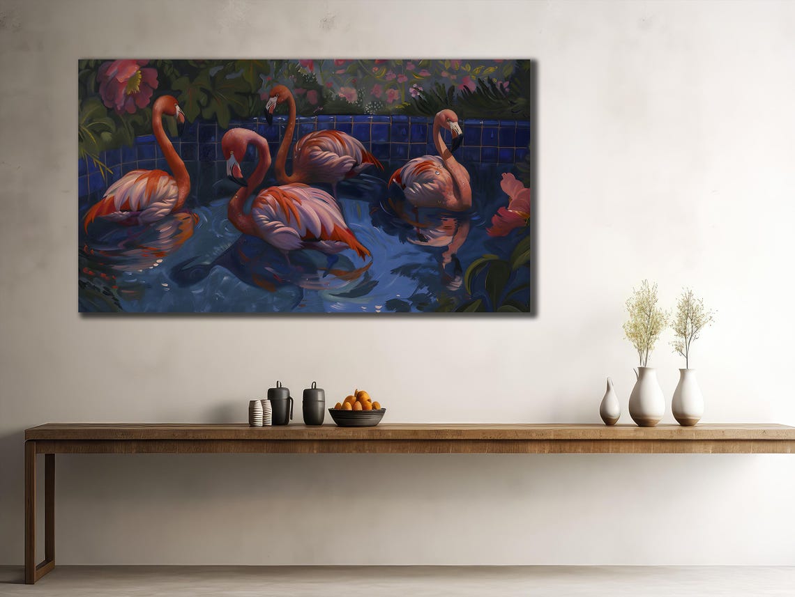 Pink Flamingos Blue Pool Tropical Night Elegant Bird Group Wall Poster - Image 2