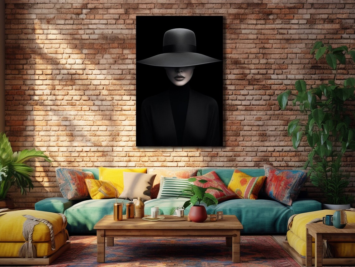 Woman in Black Wide Brim Hat Dark Mysterious Fashion Portrait Wall Art Print - Image 3