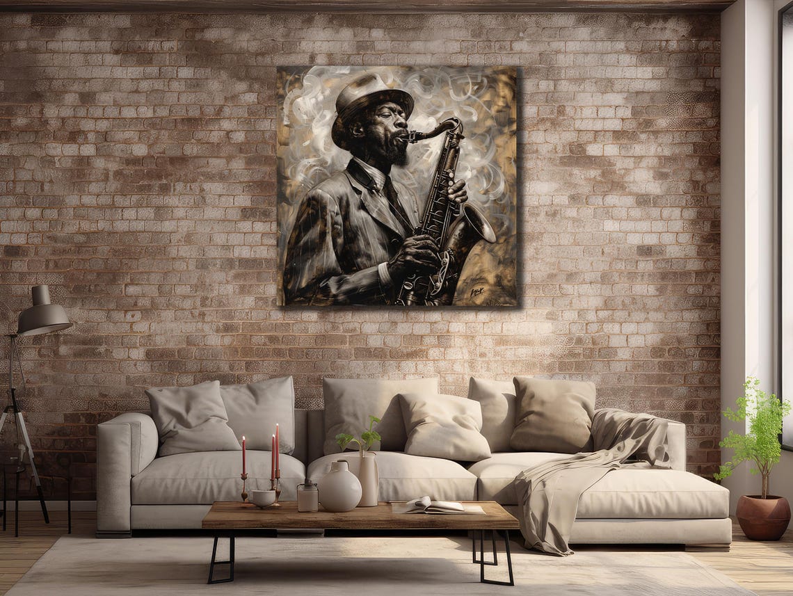 Saxophone Player Monochrome Jazz Musician Hat Smoky Painting Poster - Image 2
