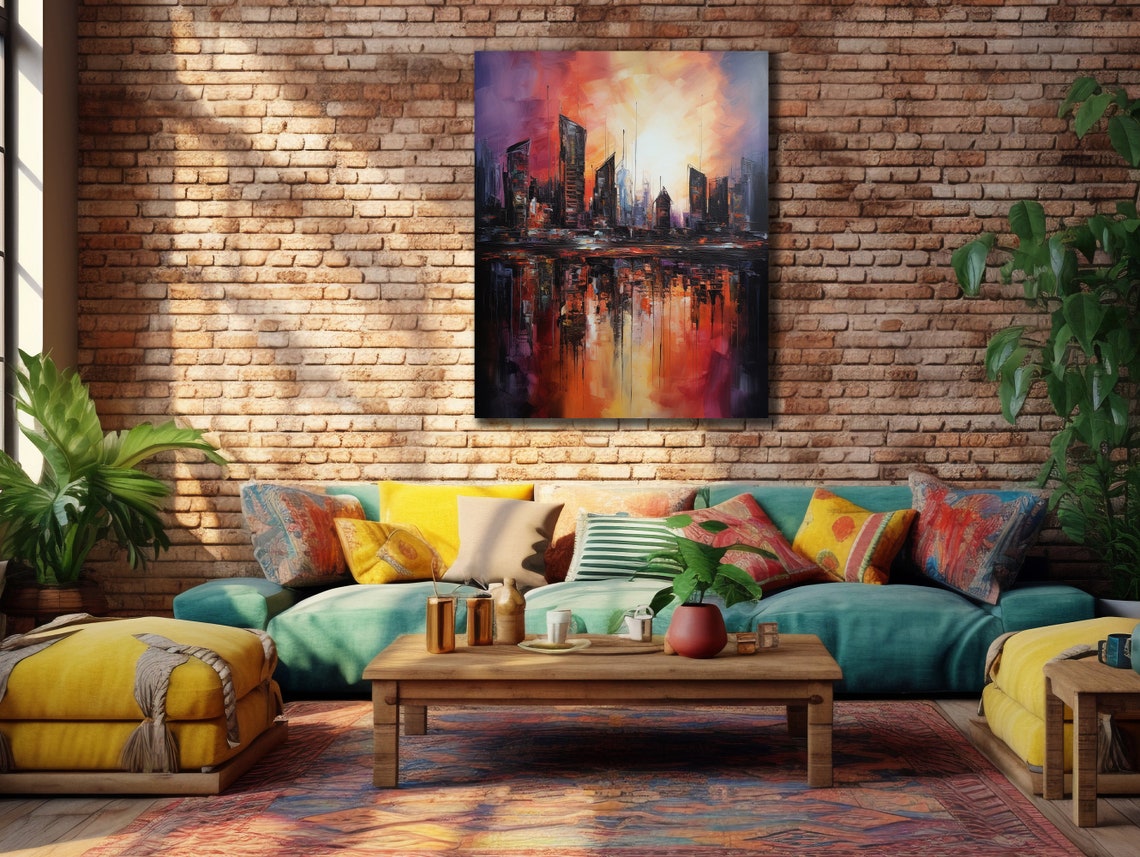 Abstract City Skyline Sunset Reflections Bold Modern Art Poster - Image 3