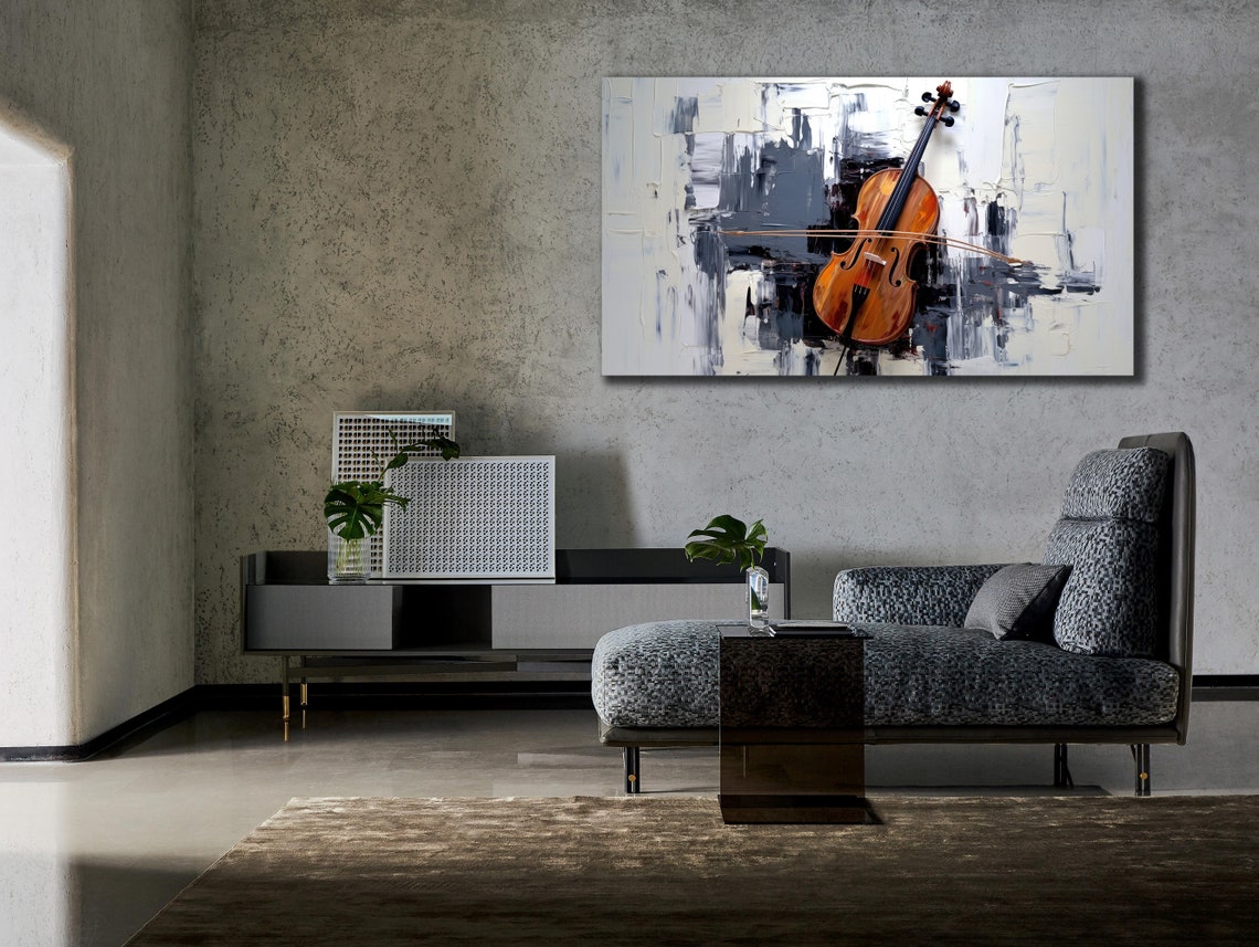 Violin Floating Over Abstract Black White Cityscape Music Art Poster