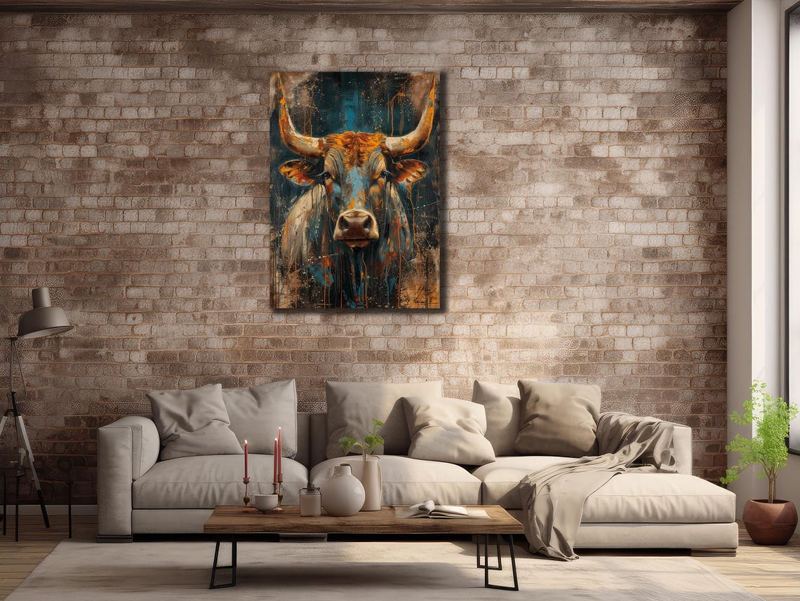 Bold Bull Portrait Blue Orange Dripping Paint Dramatic Animal Poster - Image 2