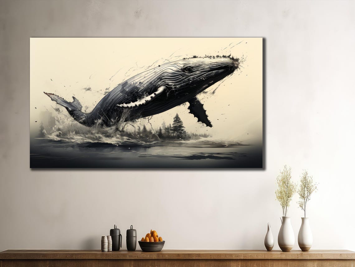 Monochrome Breaching Humpback Whale Ink Splash Dramatic Ocean Poster - Image 3