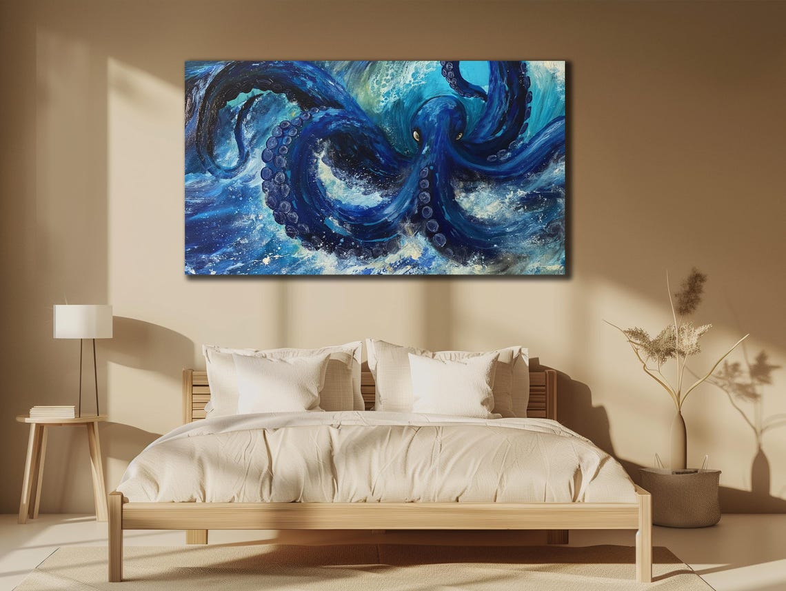Majestic Dark Blue Octopus Ocean Waves Dramatic Sea Life Poster - Image 2