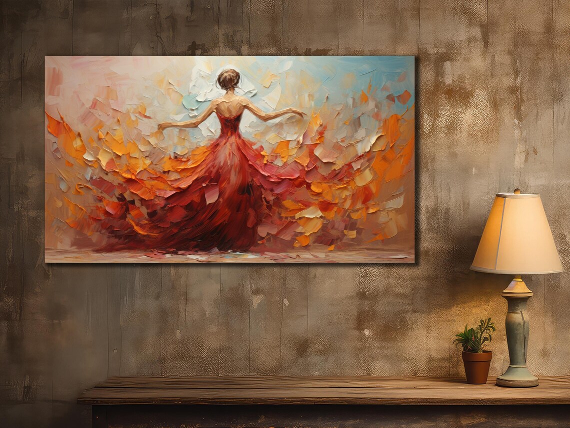 Dancer in Red Dress Impasto Paint Swirls Pink Orange Art Poster - Image 2