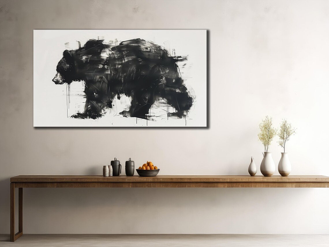 Black Bear Walking Monochrome Abstract Brushstroke Wildlife Wall Poster - Image 2