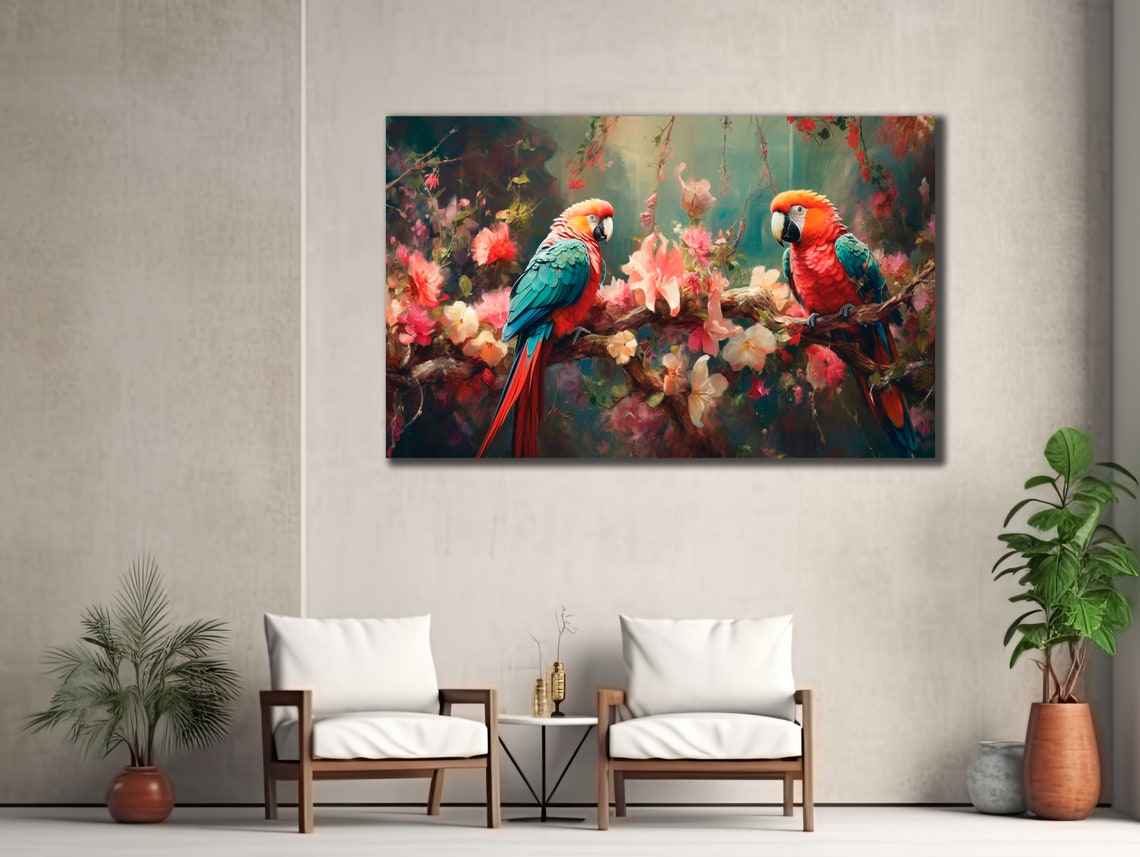 Two Scarlet Macaws Perched on Flowering Branch Tropical Bird Poster - Image 3