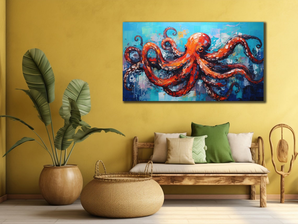 Red Octopus Blue Ocean Bold Curling Tentacles Sea Life Poster