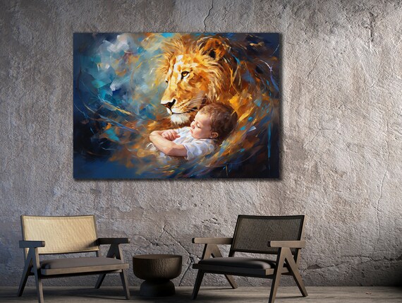 Lion and Sleeping Child Painting Tender Guardian Wild Heartwarming Wall Art Poster