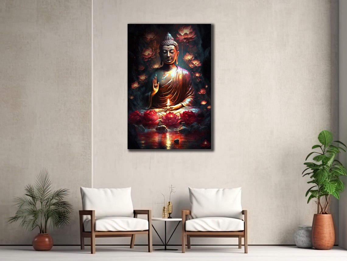 Glowing Buddha Candle Red Lotus Flowers Zen Decor Wall Art Poster - Image 3