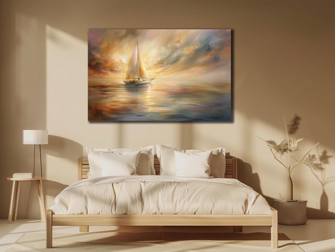 Golden Sunset Sailboat on Calm Sea Oil Painting Seascape Art Poster - Image 3