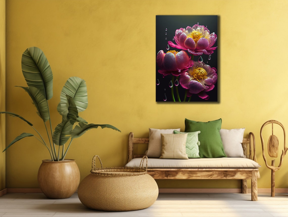 Pink Purple Peonies Water Drops Dark Background Floral Wall Poster - Image 2