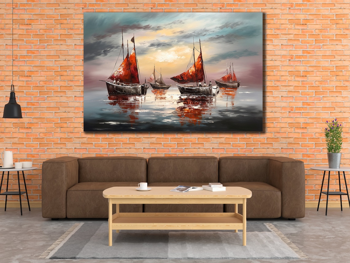 Red Sail Fishing Boats Sunset Harbor Seascape Oil Painting Poster