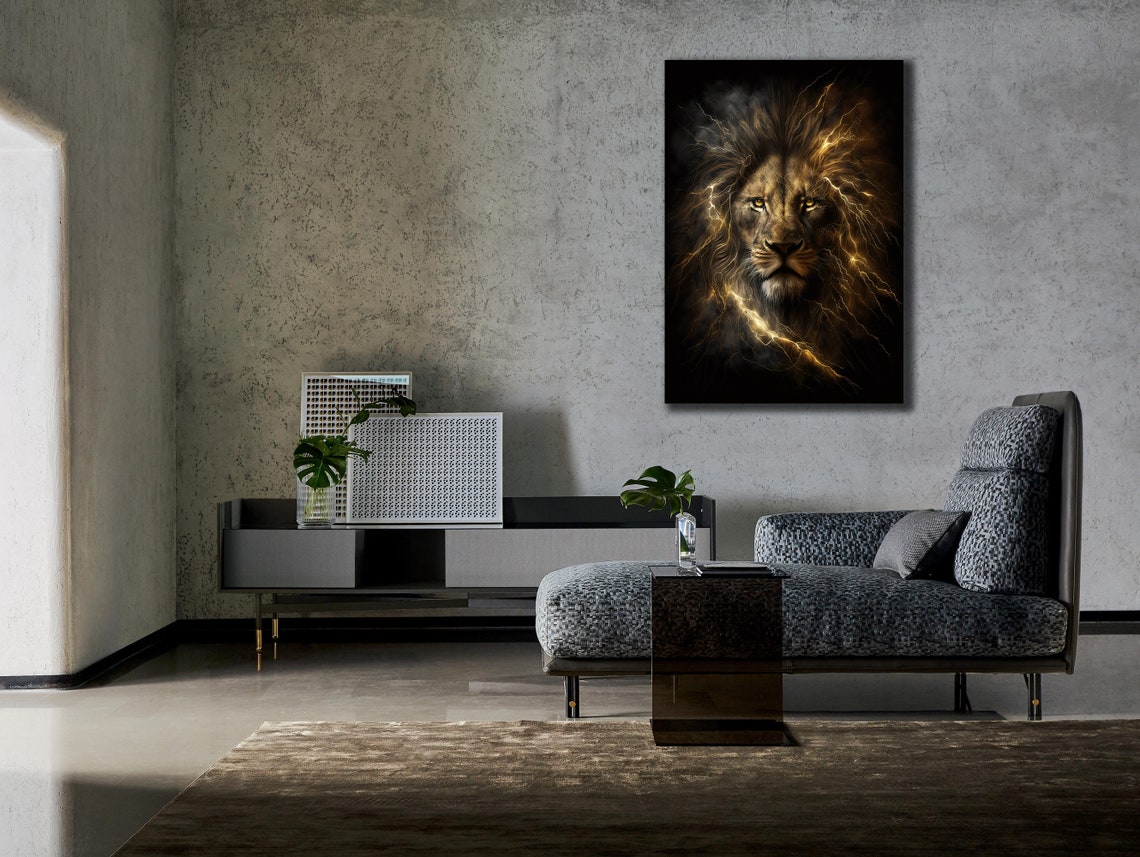 Lion Face Golden Lightning Mane Black Dramatic Animal Art Poster - Image 2