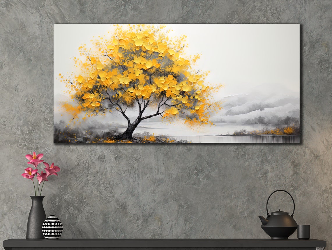 Golden Yellow Tree By Misty Lake Gray Gold Abstract Art Poster - Image 2