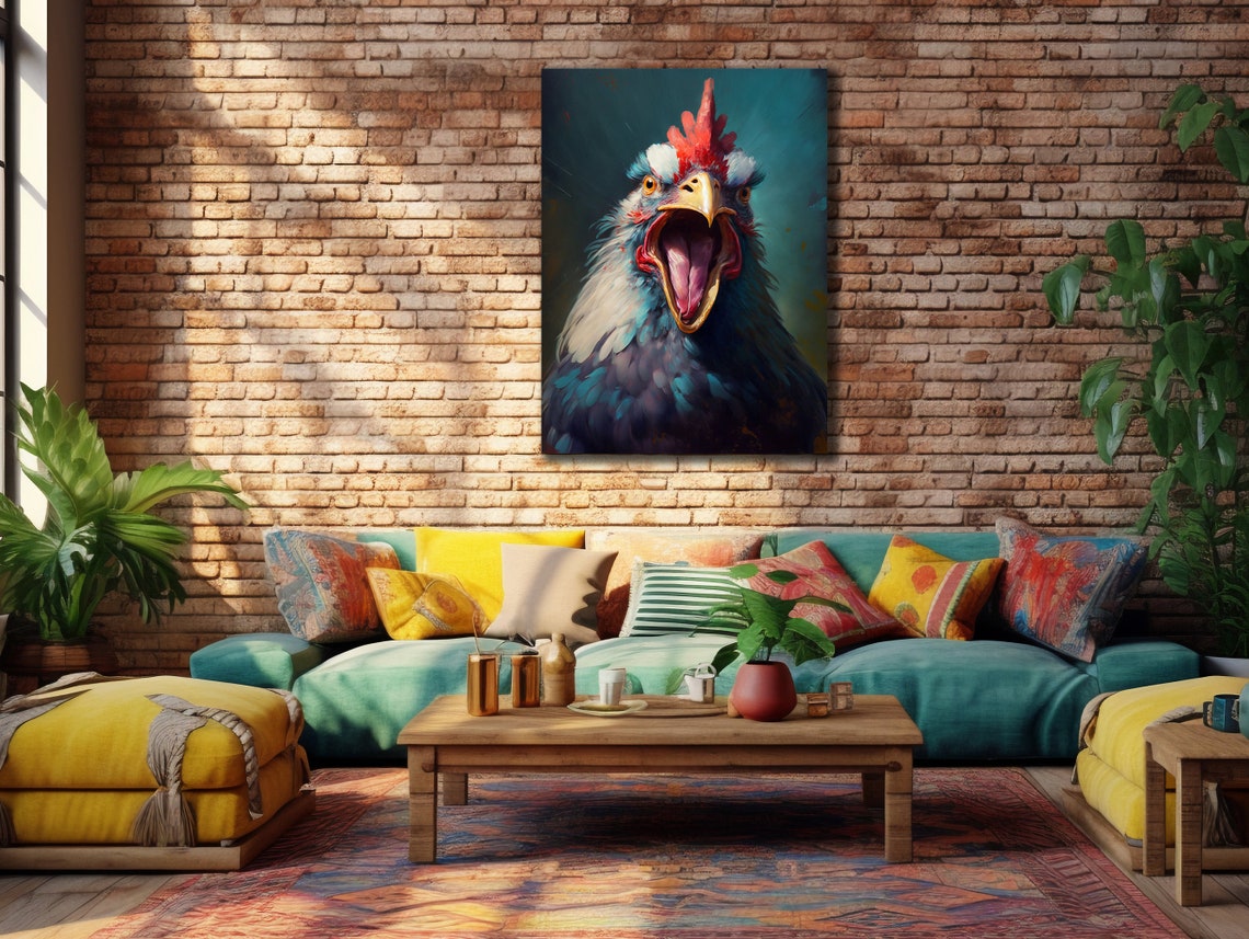 Screaming Colorful Rooster Portrait Funny Farm Bird Art Poster - Image 3