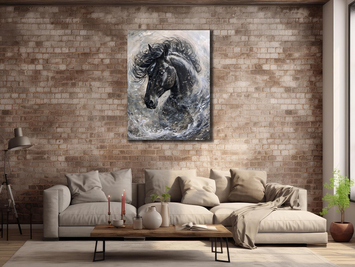 Black Horse Head Water Splash Monochrome Silver Motion Art Poster - Image 2