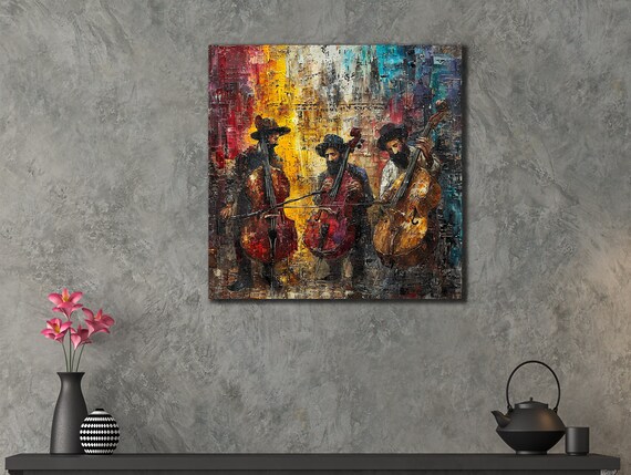 Jazz Double Bass Trio Street Musicians Colorful Oil Painting Poster