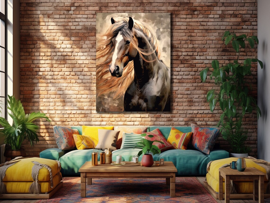 Brown Horse Head with Flowing Golden Mane Painterly Equine Poster