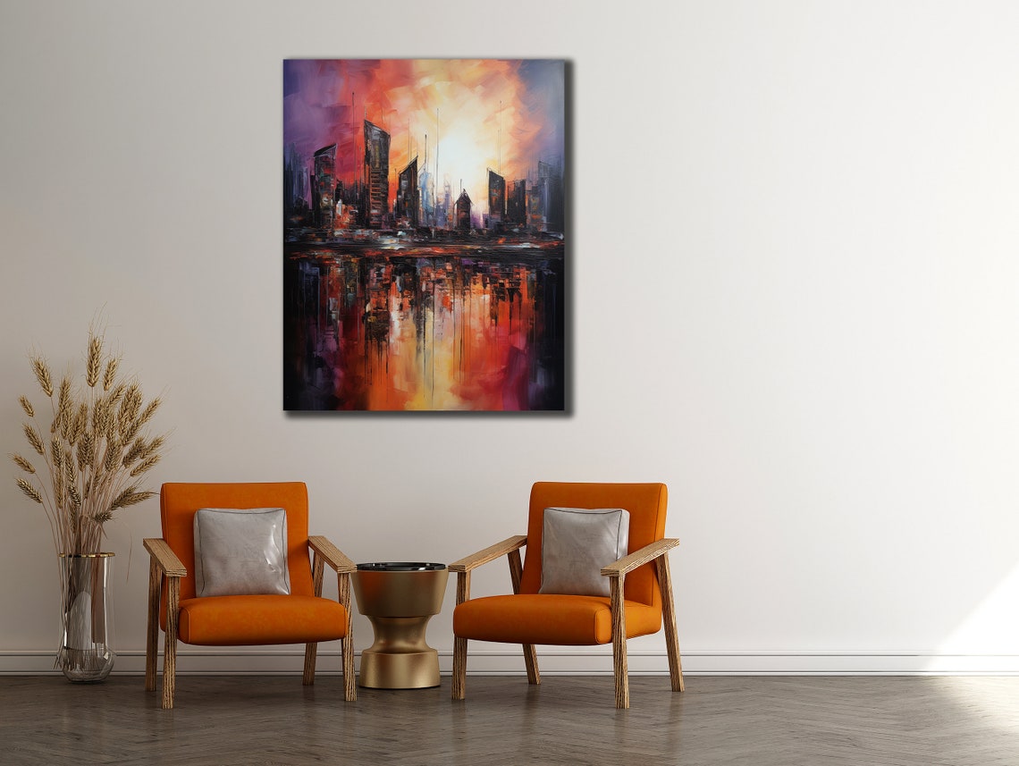 Abstract City Skyline Sunset Reflections Bold Modern Art Poster