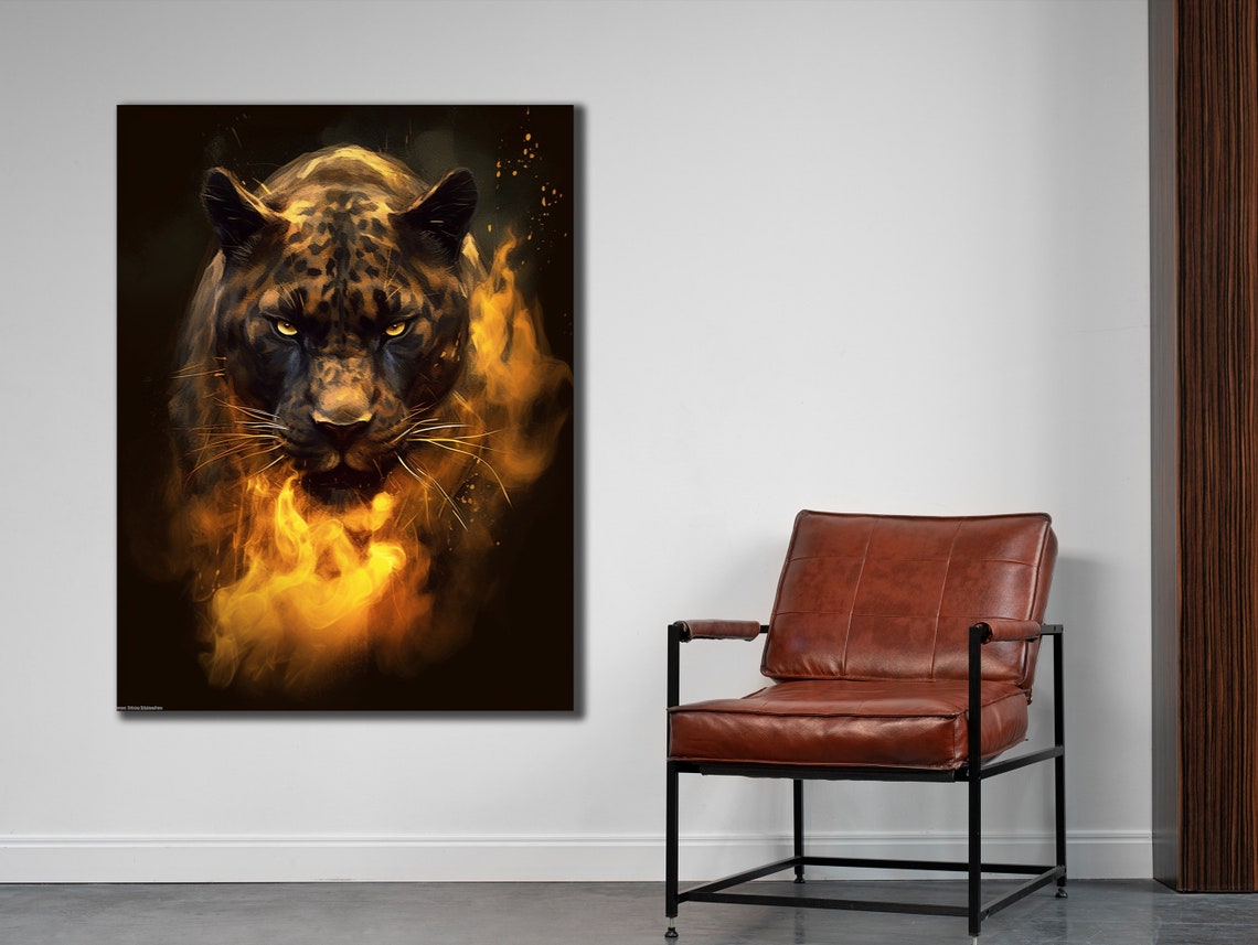 Black Panther Emerging Flames Fire Eyes Dark Wildlife Art Poster - Image 2