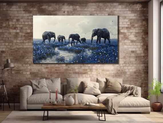 Elephant Family Blue Flower Field Surreal Dreamlike Wildlife Poster