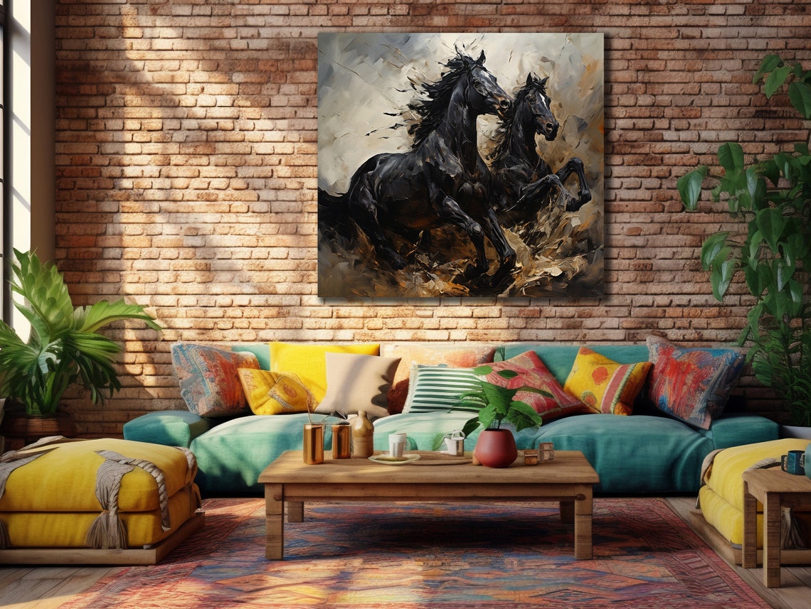 Two Black Horses Galloping Grayscale Brown Dust Powerful Equine Poster