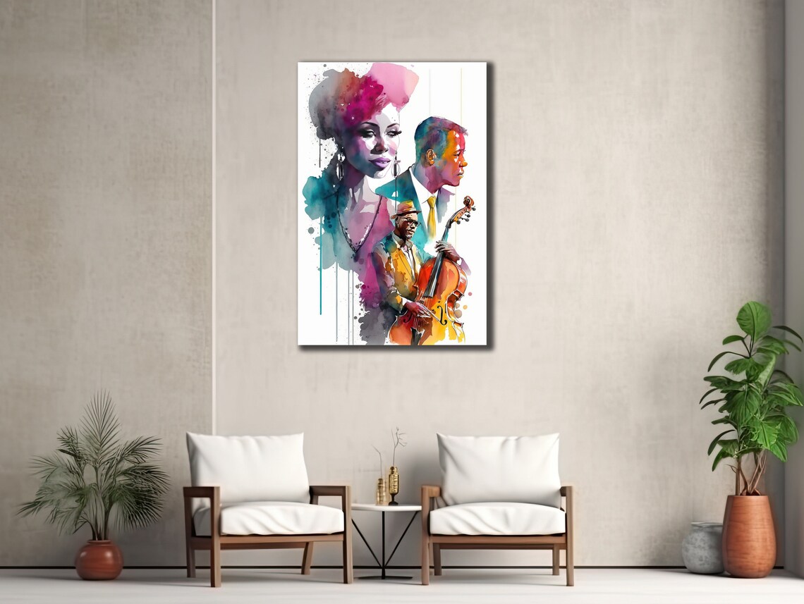 Jazz Band Watercolor Singers and Bassist Musical Portrait Poster - Image 3