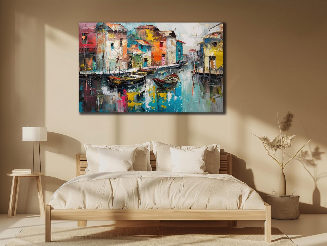 Colorful Abstract Harbor Canal Boats Vibrant Cityscape Poster