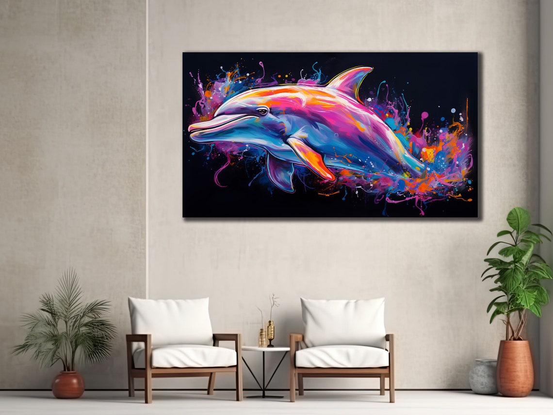 Neon Colorful Dolphin Splash Black Background Pop Art Wall Poster